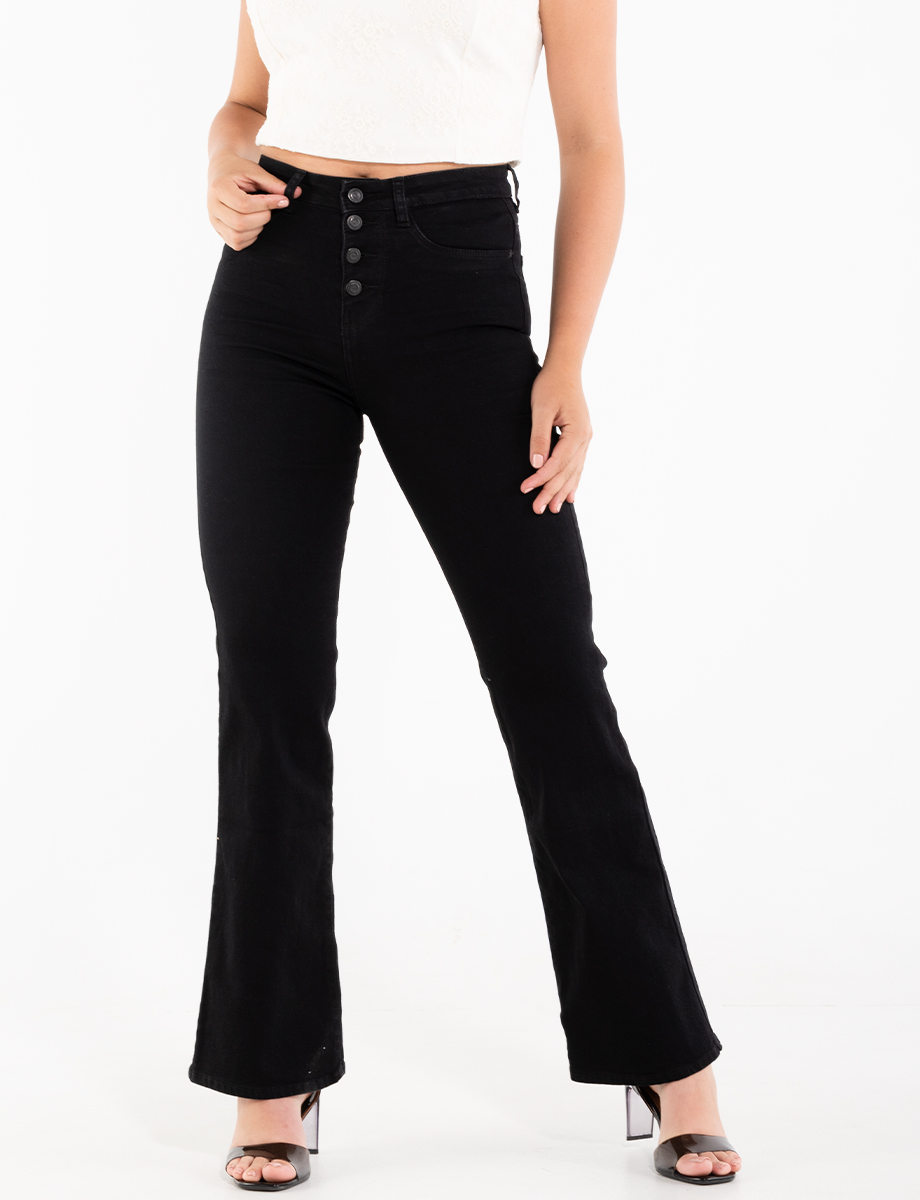 Pantalón Jeans Mujer Negro Mezclilla Stretch Cierre Botones