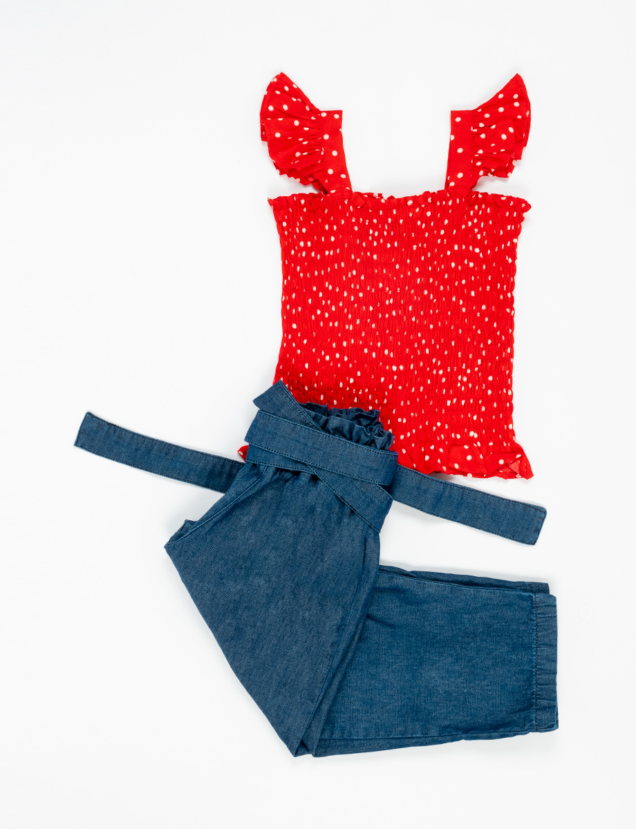 Conjunto esc jean blusa mini prints