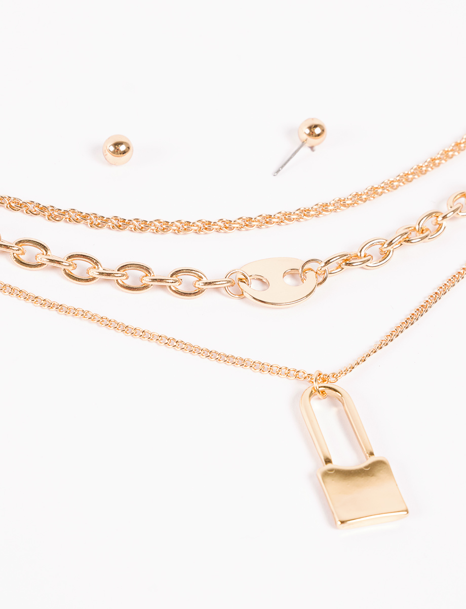 Juego candado collar + aretes dorado