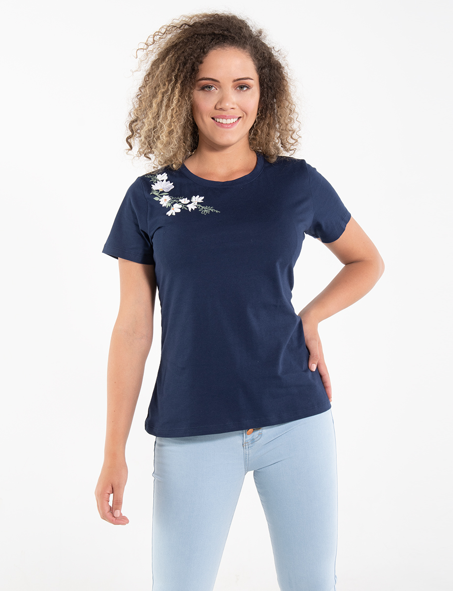 Camiseta unicolor bordado Flores
