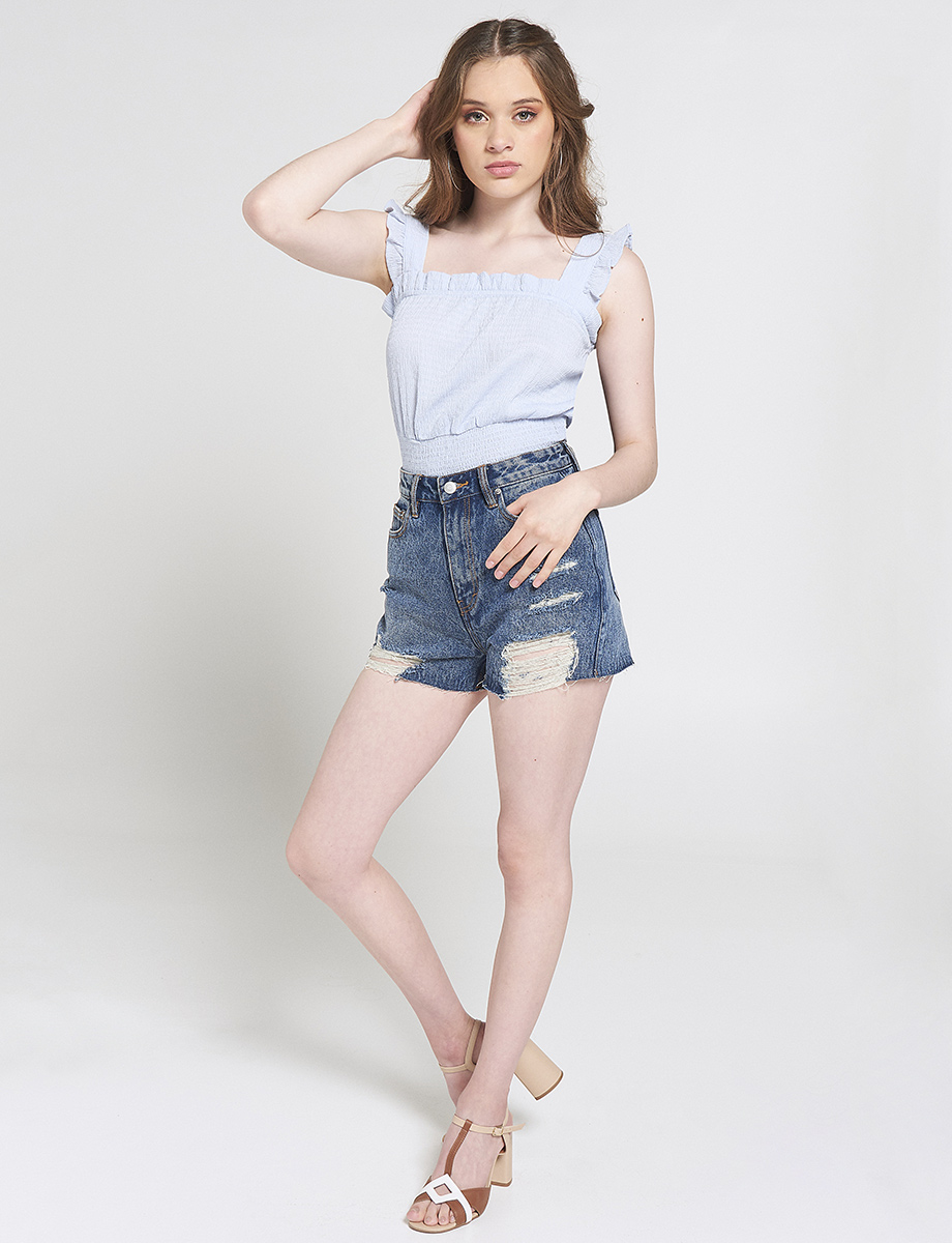 Short Denim con Rotos Azul medio