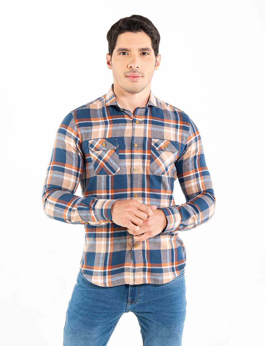 Camisa manga larga cuadros azul-naranja