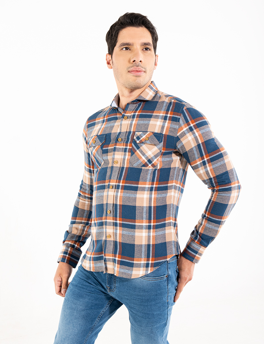 Camisa manga larga cuadros azul-naranja