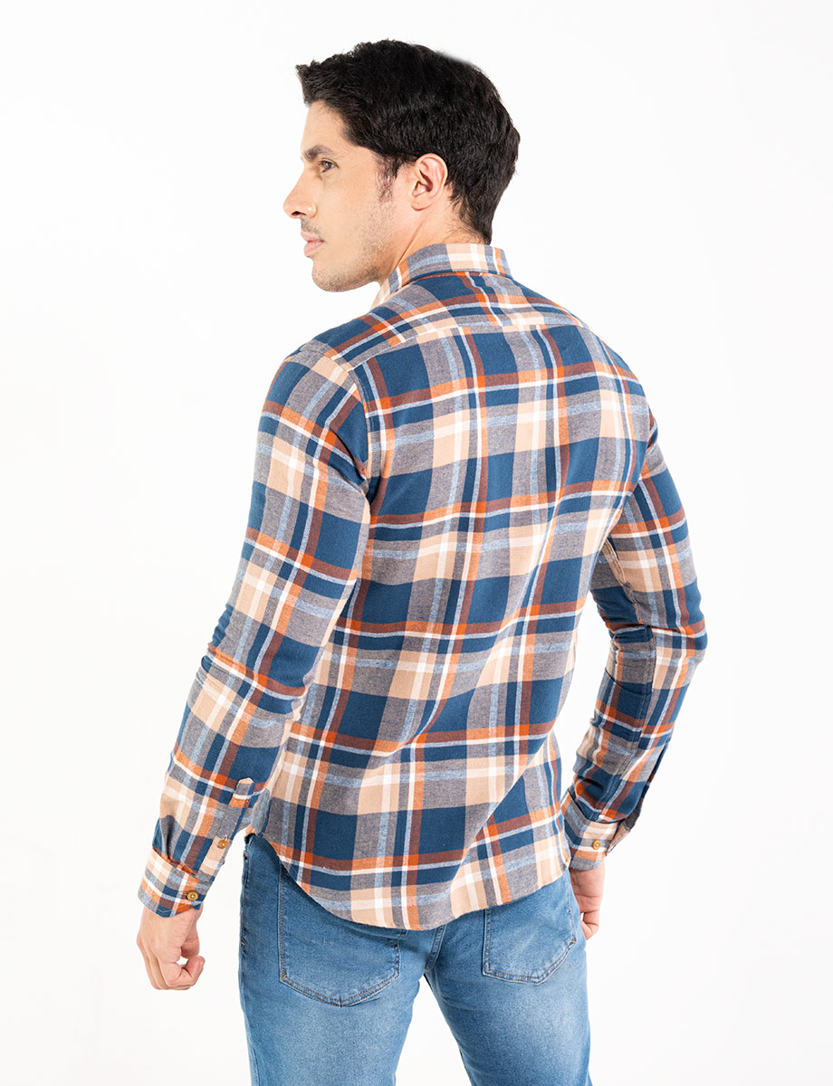 Camisa manga larga cuadros azul-naranja
