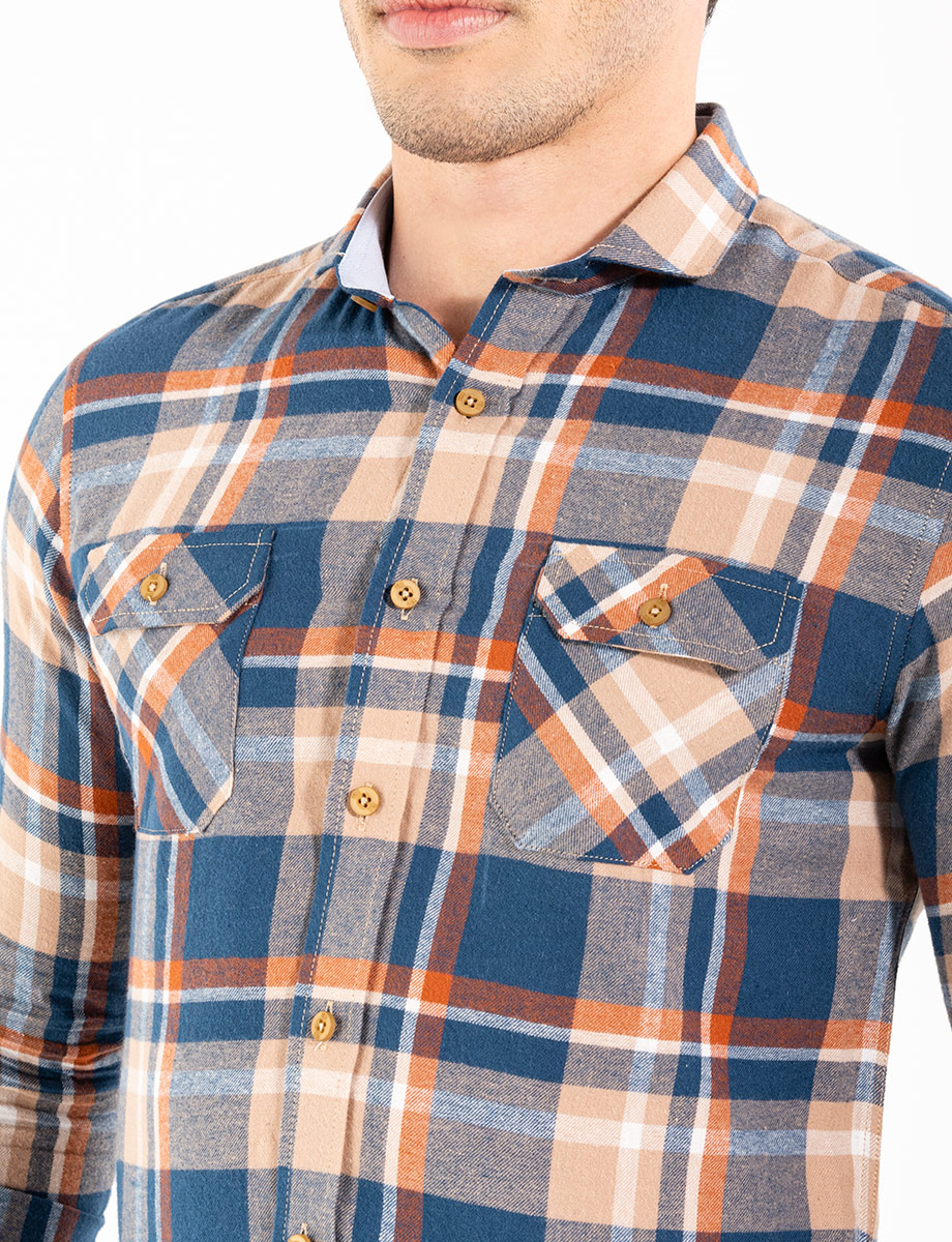Camisa manga larga cuadros azul-naranja