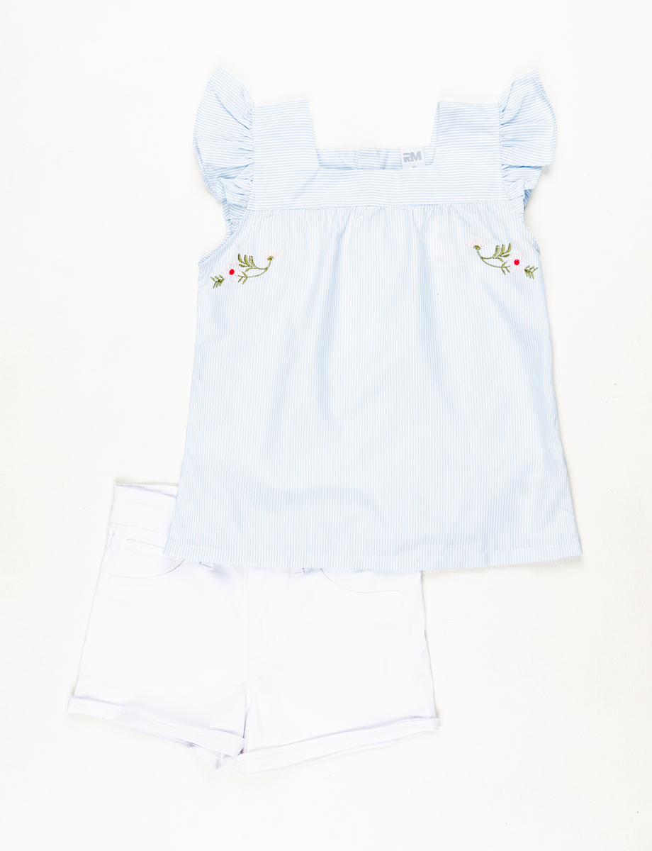 Conjunto short blusa celeste-blanco