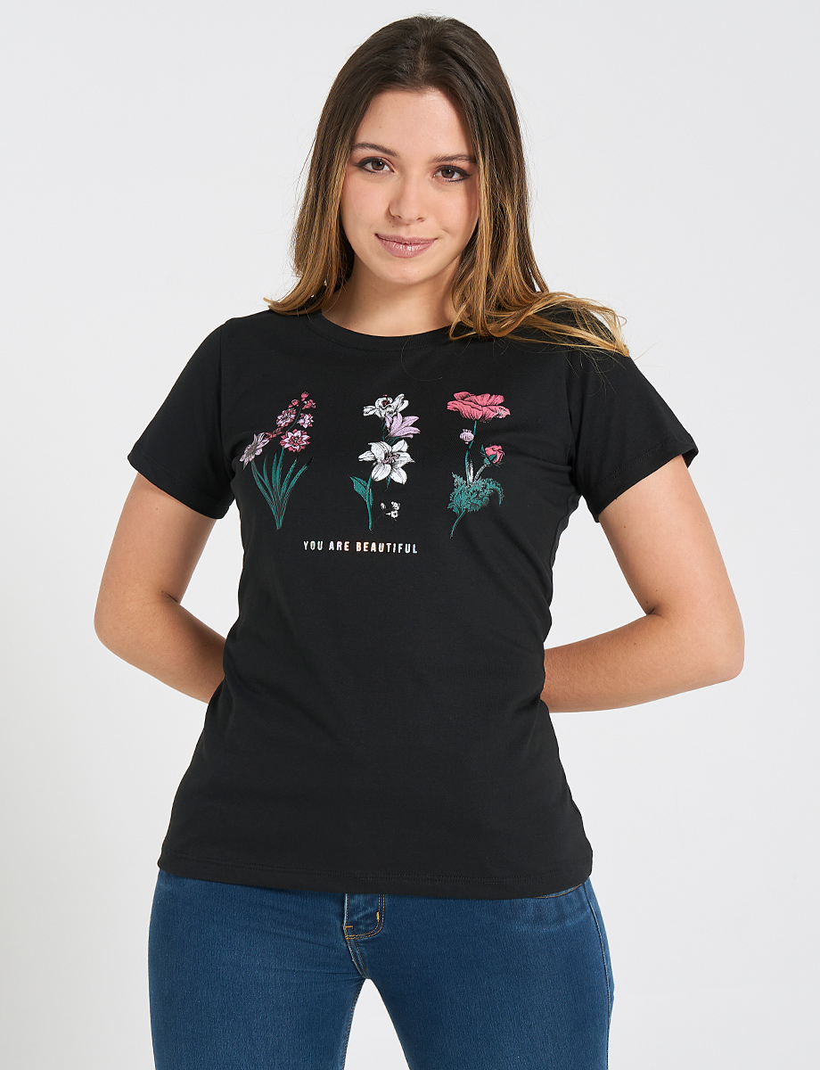 Camiseta flores negra