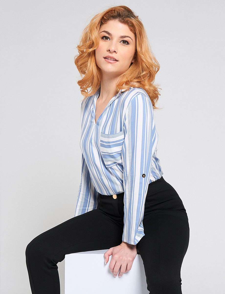 Blusa camisera rayas celeste-blanco