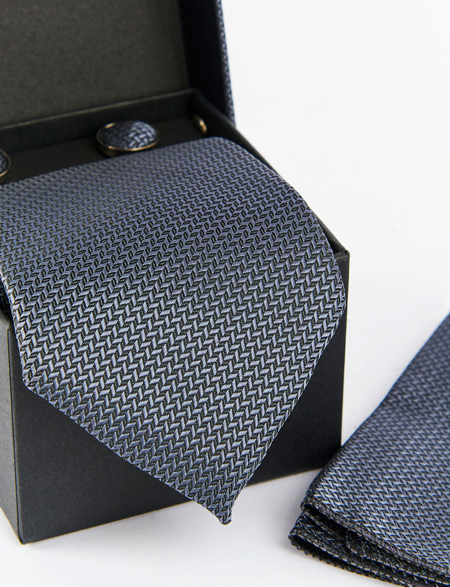 Set Corbata + Gemelos + Pañuelo Gris oscuro