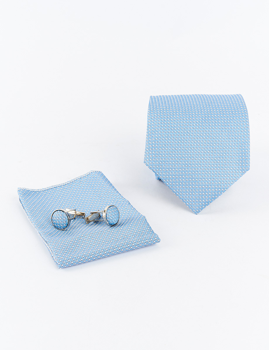 Set Corbata + Gemelos + Pañuelo Celeste