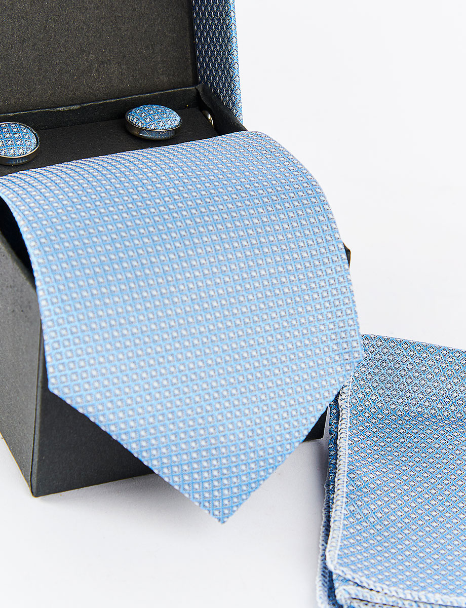 Set Corbata + Gemelos + Pañuelo Celeste