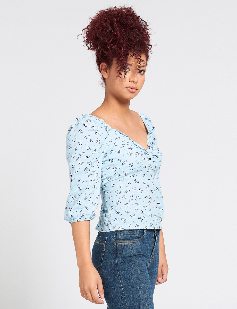 Blusa Prints Flores Celeste