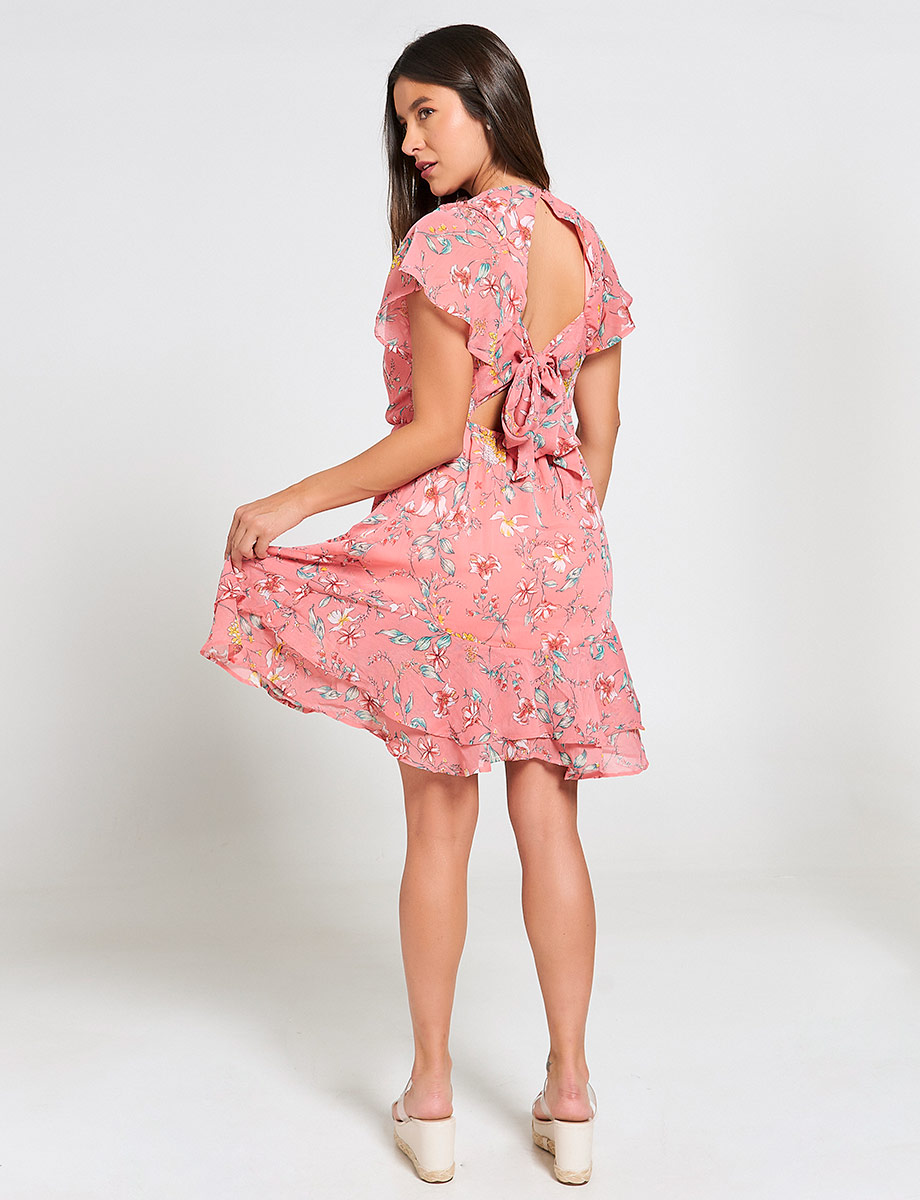 Vestido de Flores Coral con Vuelos