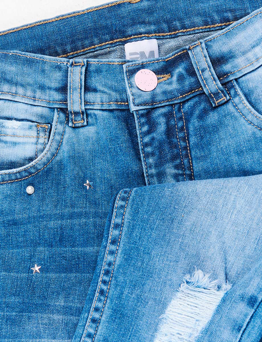 Jean con perlas y rotos azul