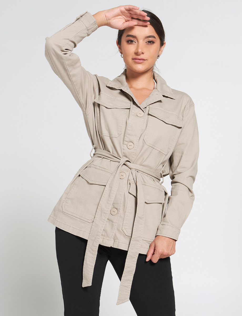 Chaqueta 3/4 Unicolor con Cinturón