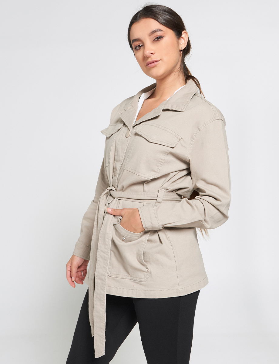 Chaqueta 3/4 Unicolor con Cinturón