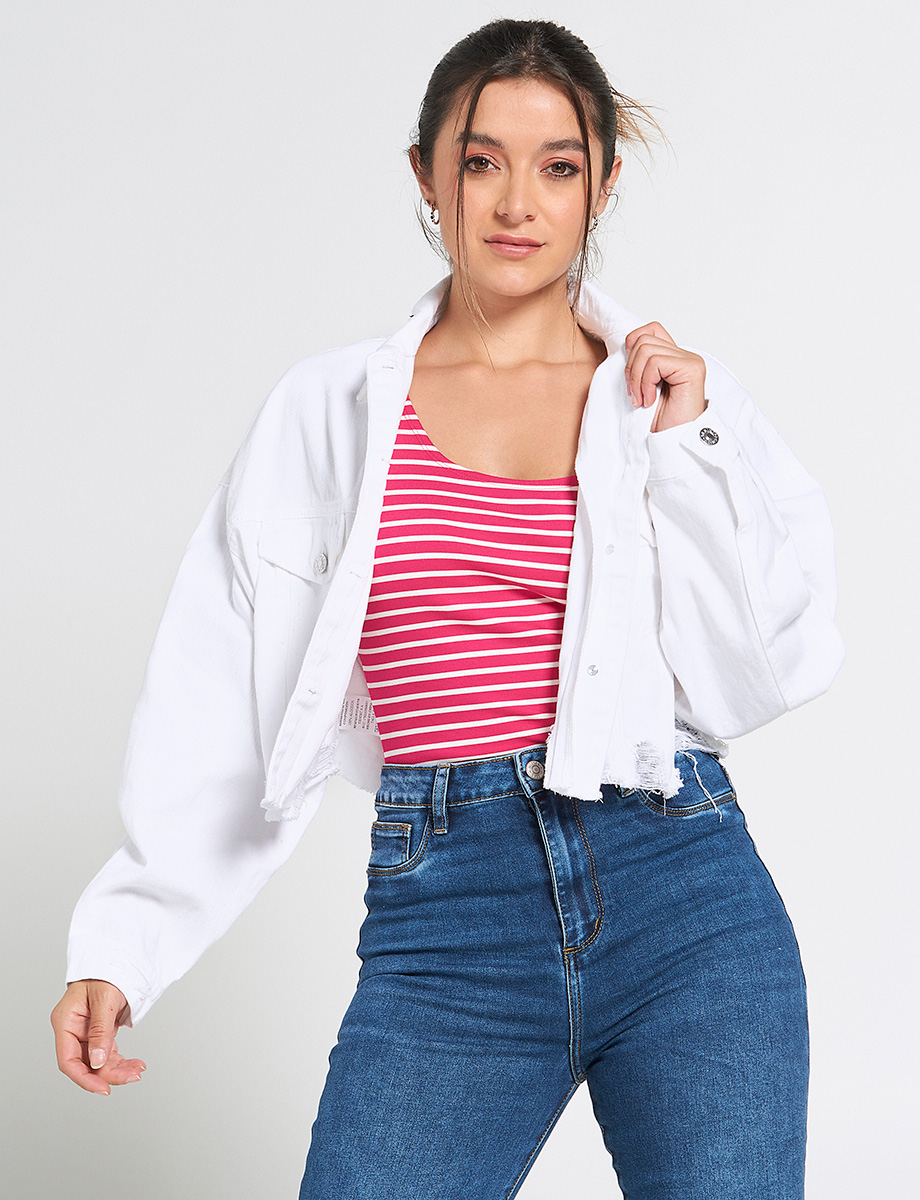 Chaqueta Denim con Rasgados Blanco