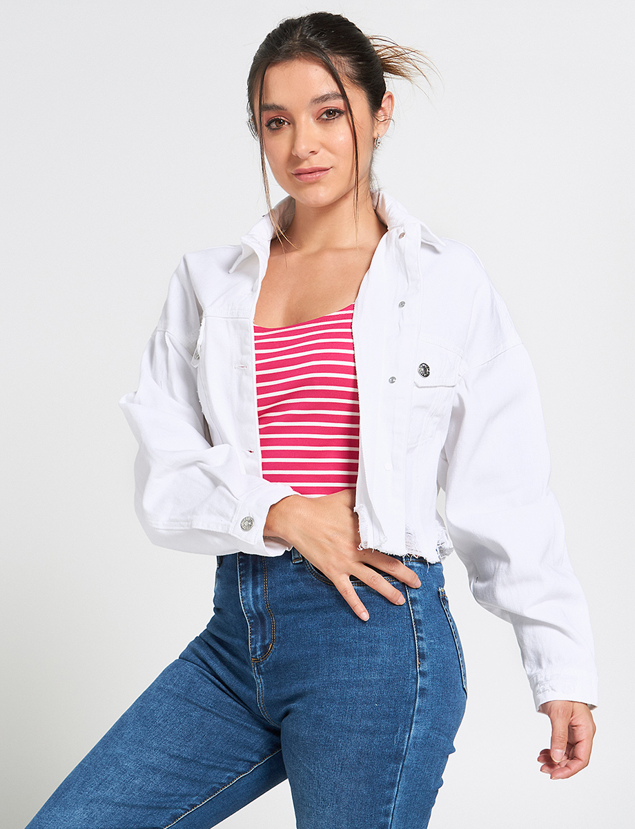 Chaqueta Denim con Rasgados Blanco