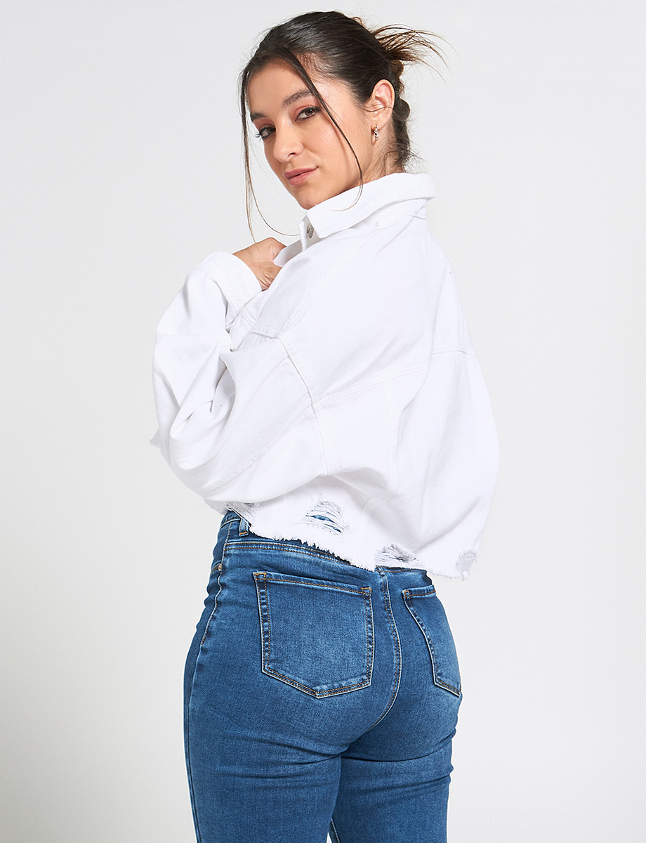 Chaqueta Denim con Rasgados Blanco