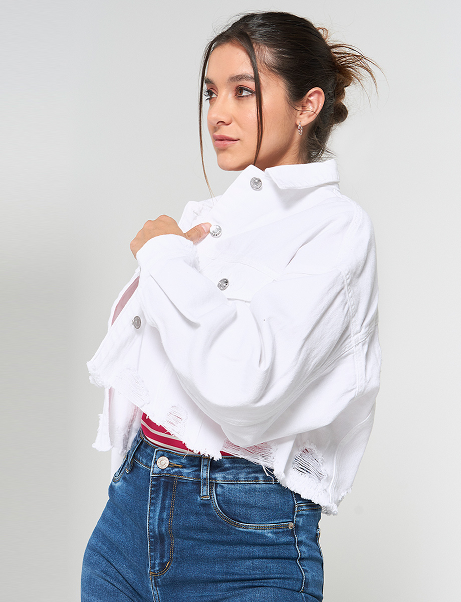 Chaqueta Denim con Rasgados Blanco