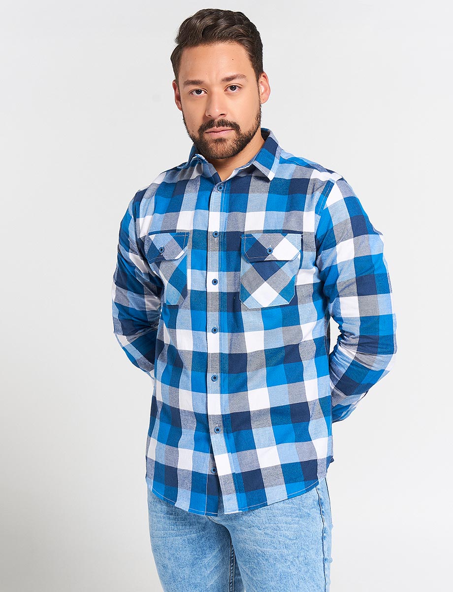 Camisa a Cuadros Azul/Blanco con Bolsillos