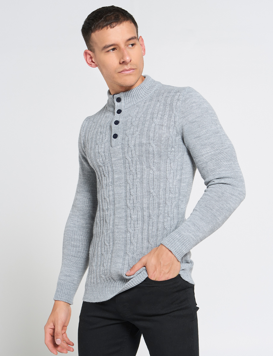Sweater con Textura de Trenzas Gris