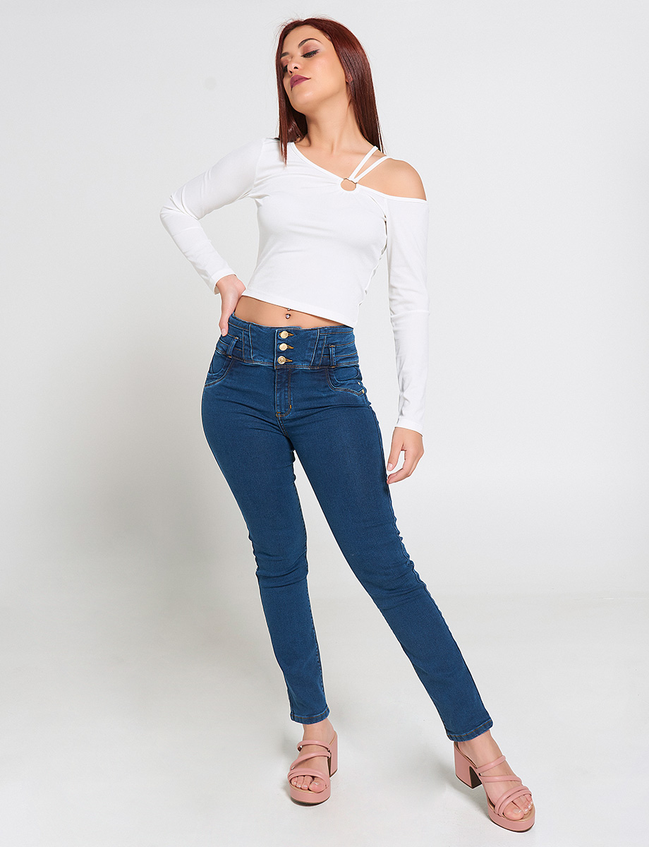 Jean Pretina Ancha 3 Botones Azul