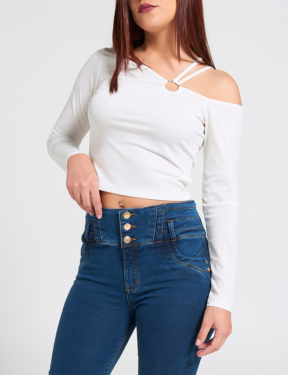 Jean Pretina Ancha 3 Botones Azul