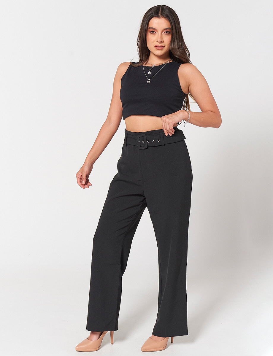 Pantalón Llano Negro con Cinturón