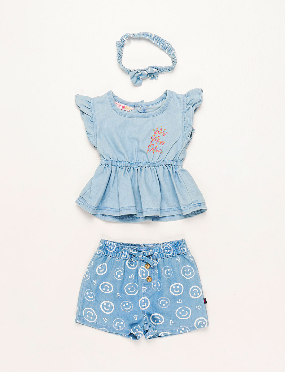 Conjuto Blusa + Short + Cintillo Celeste