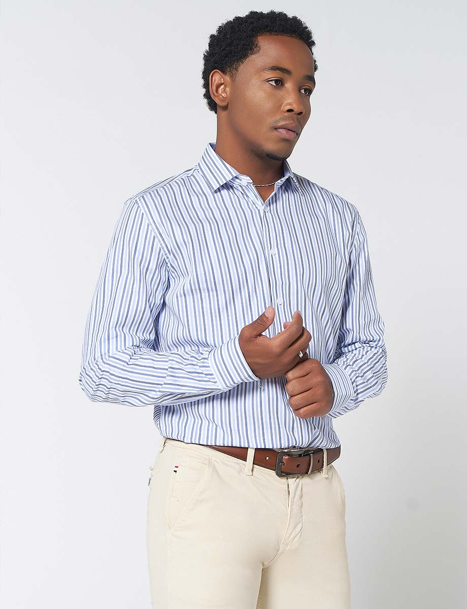 Camisa Twill a Líneas Blanco con Celeste