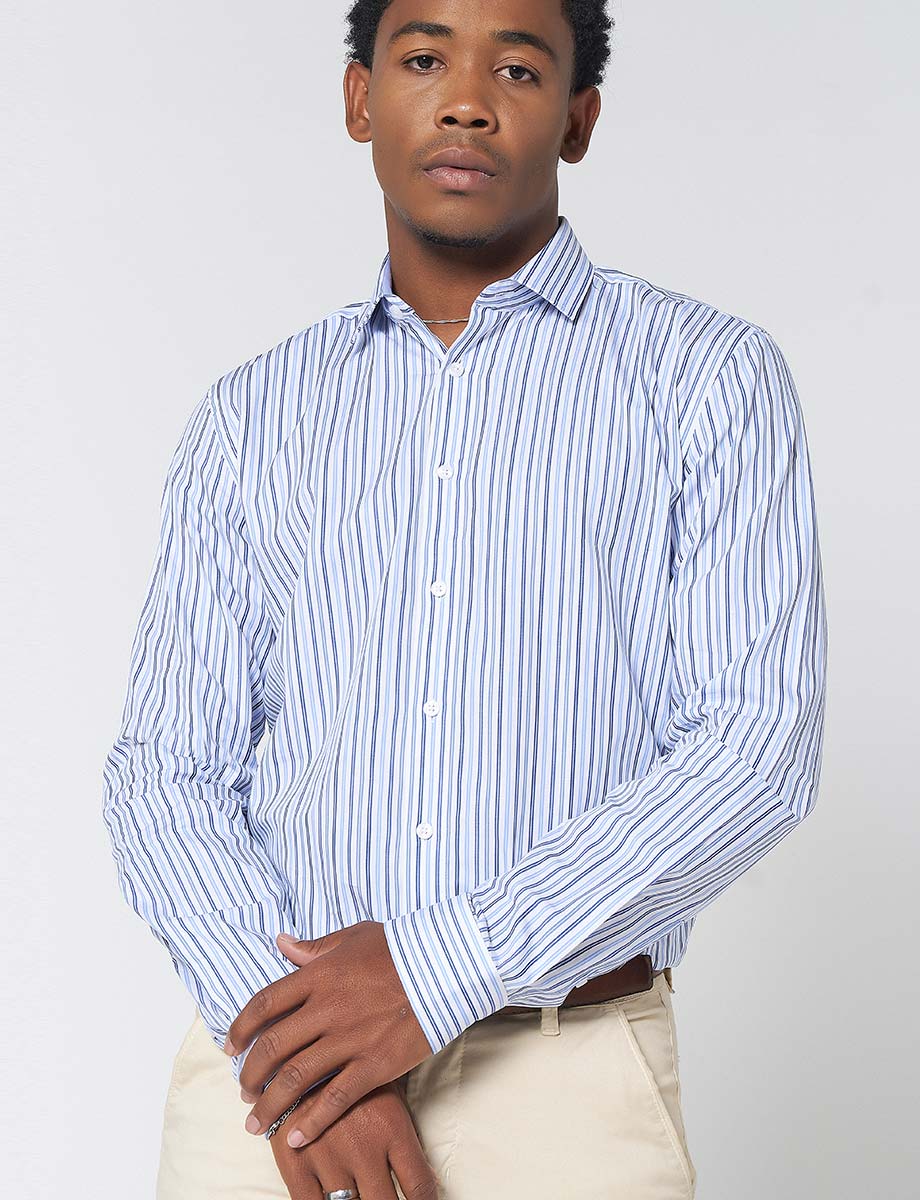 Camisa Twill a Líneas Blanco con Celeste
