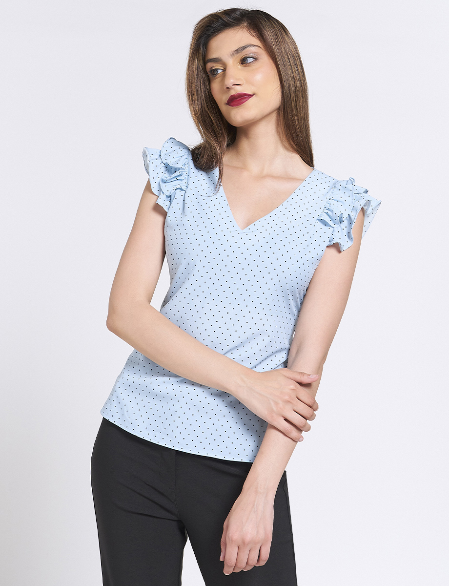 Blusa Puntos Celeste Manga con Vuelos