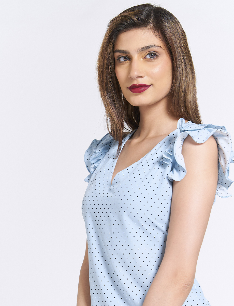 Blusa Puntos Celeste Manga con Vuelos