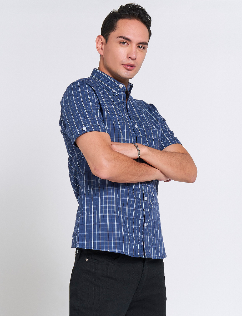Camisa a Cuadros Azul Cuello Americano