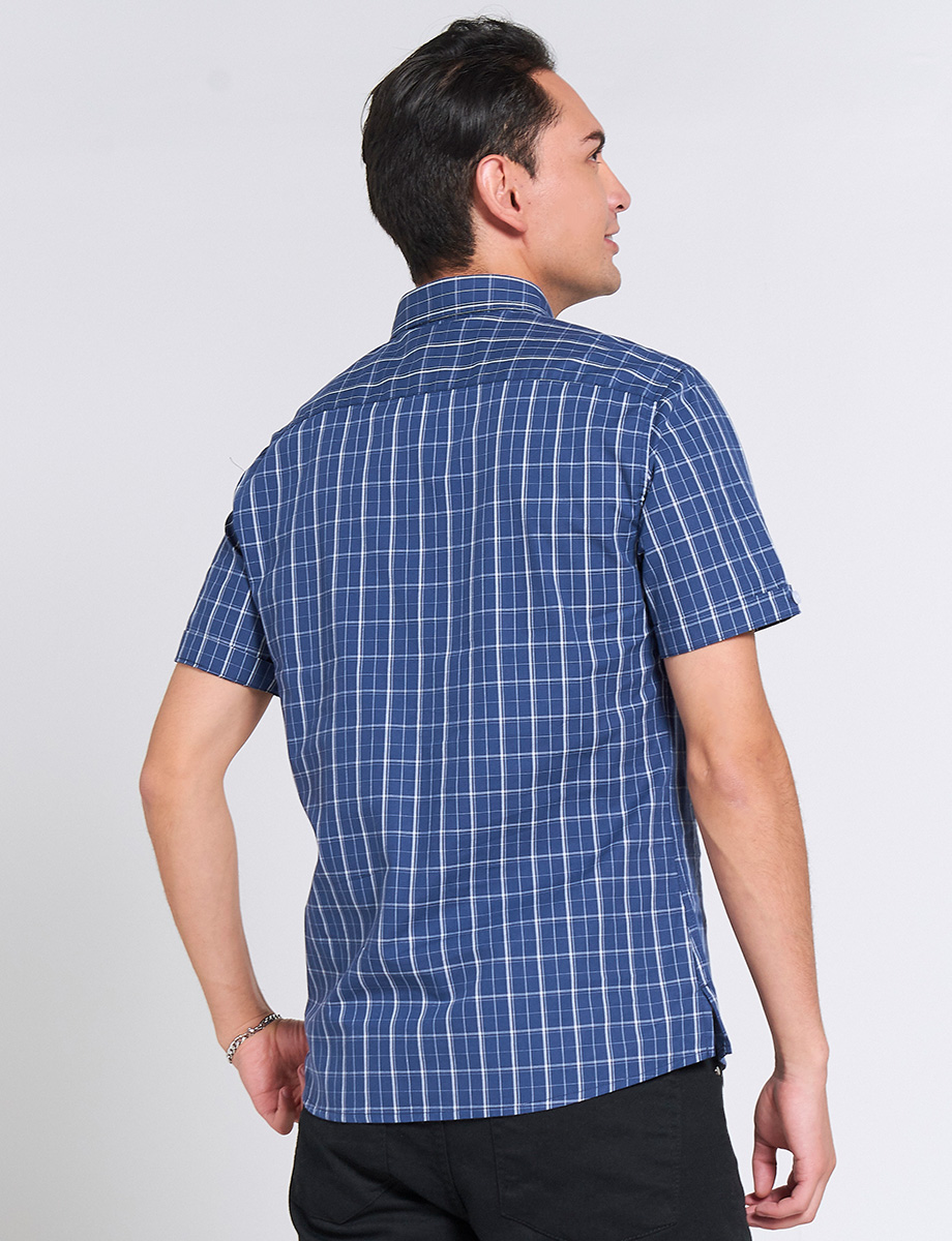 Camisa a Cuadros Azul Cuello Americano