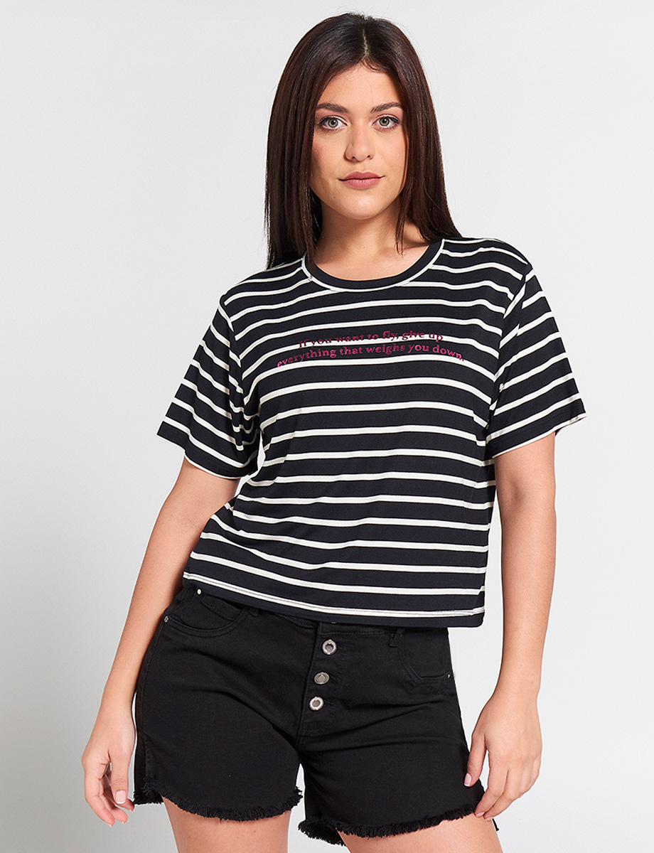Camiseta a Rayas Estampado de Letras