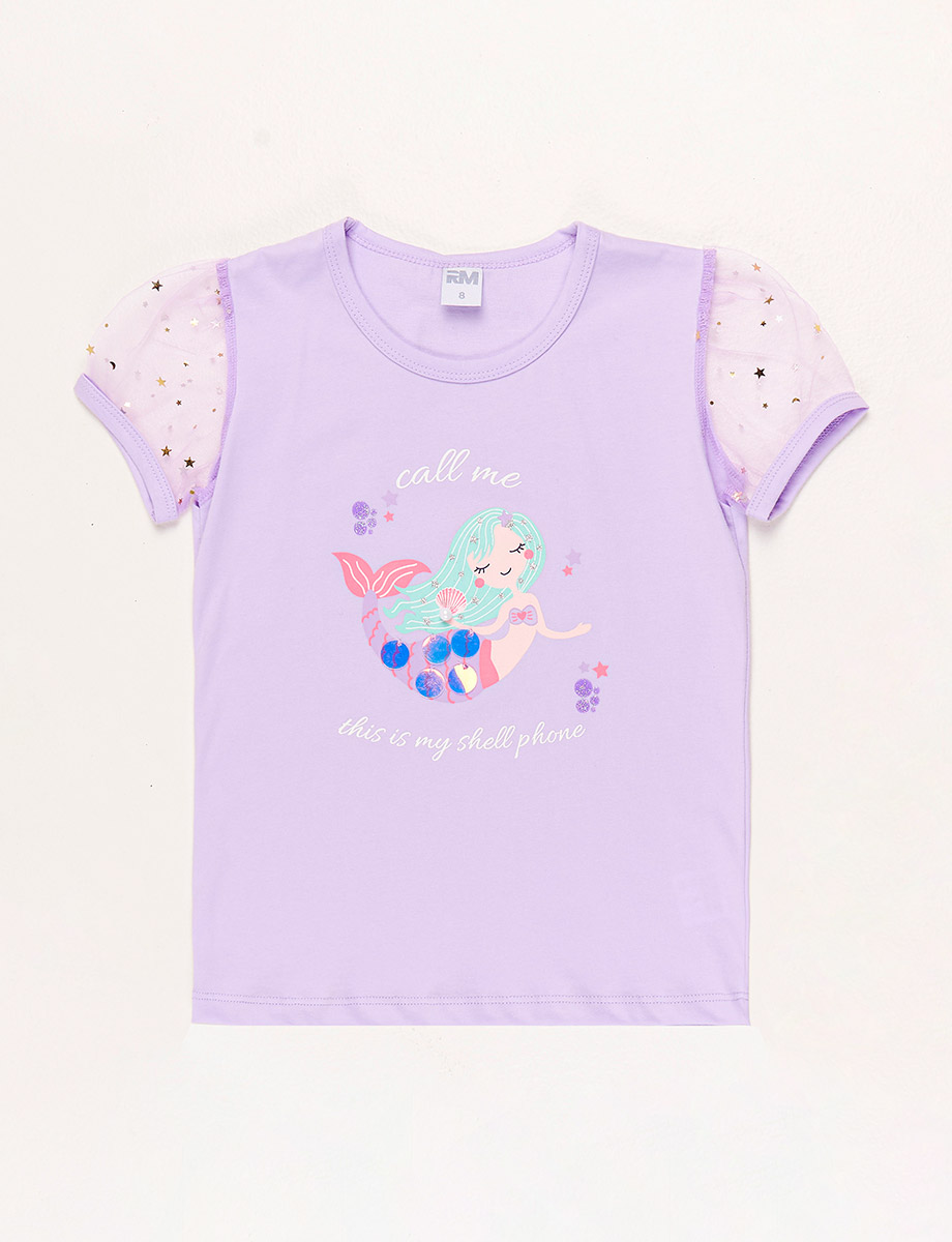 Camiseta Sirenita Lila Manga con Estrellas