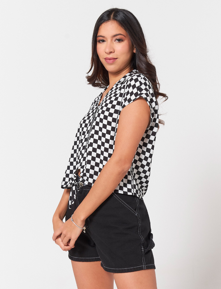 Blusa a Cuadros Negro / Blanco con Nudo