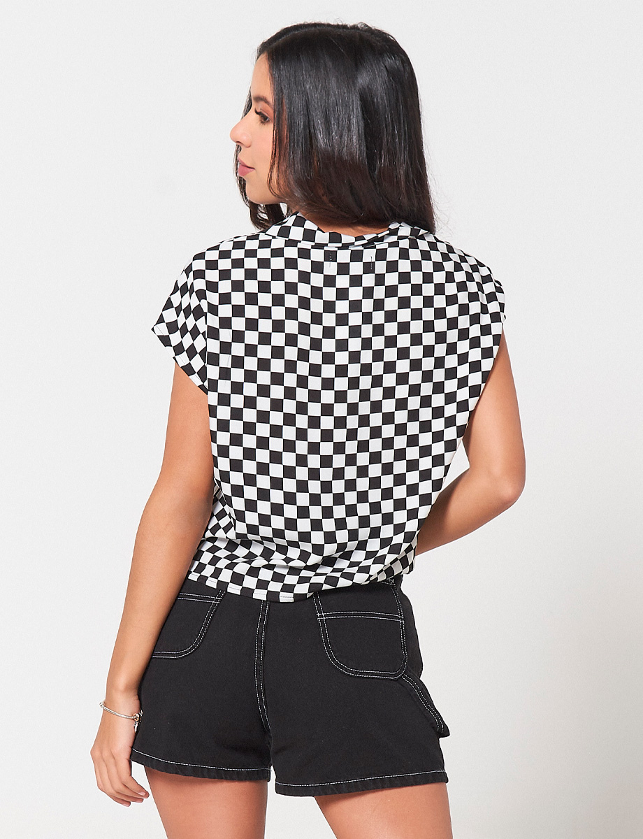 Blusa a Cuadros Negro / Blanco con Nudo