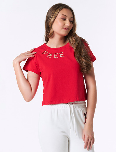 Camiseta Roja Cortes Letras Free