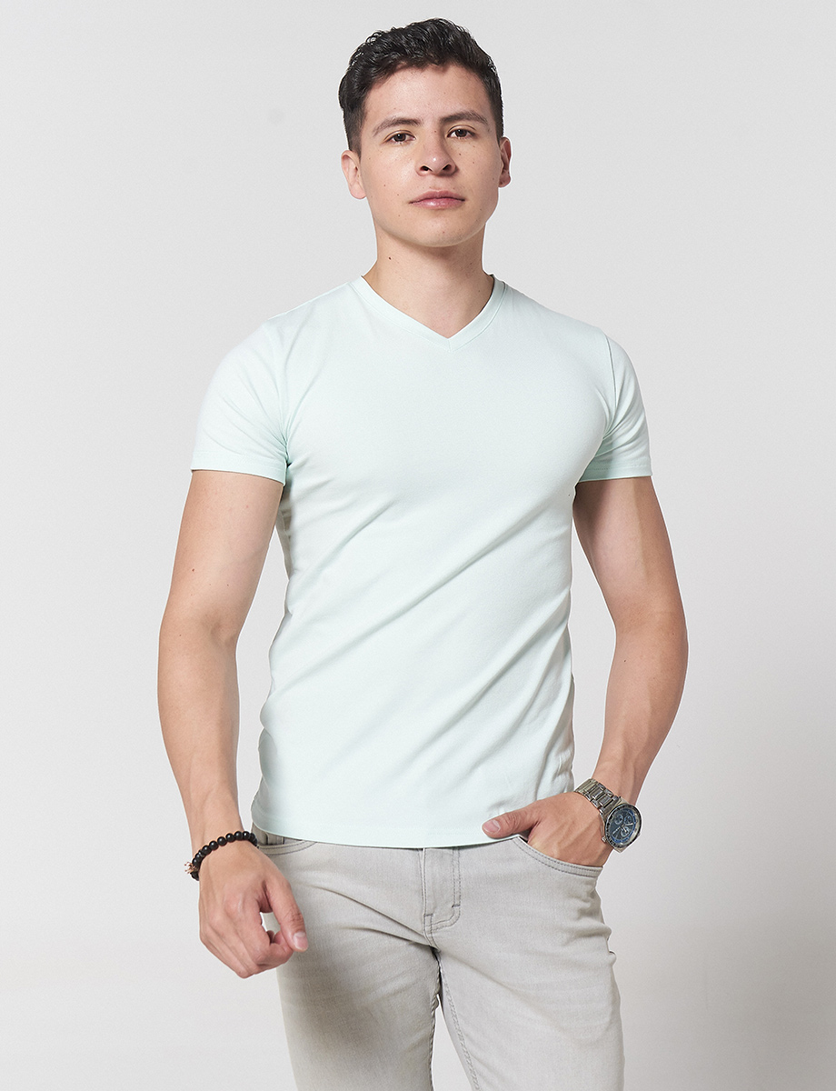 Camiseta Strech en V Verde Agua
