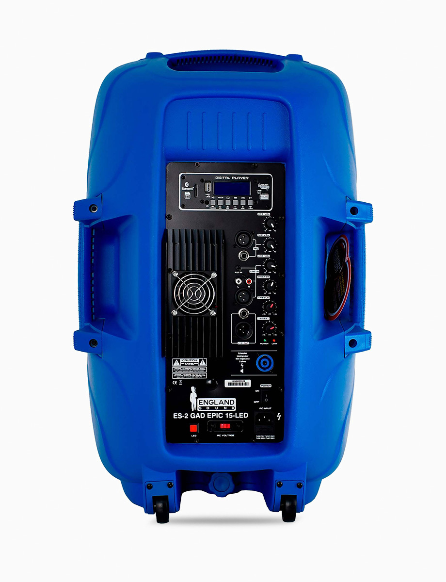 Caja Amplificada 90,000 Watts Azul con Micrófono y Pedestal | England Sound
