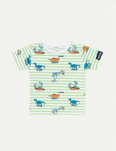 Camiseta Rayas Mini Print Dinosaurio Blanco