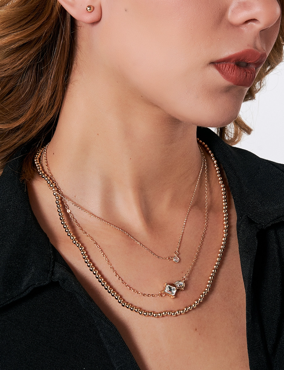 Set Collar Triple Cadena + Aretes Dorados