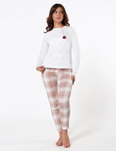 Pijama Buzo Blanco + Pantalón a Cuadros