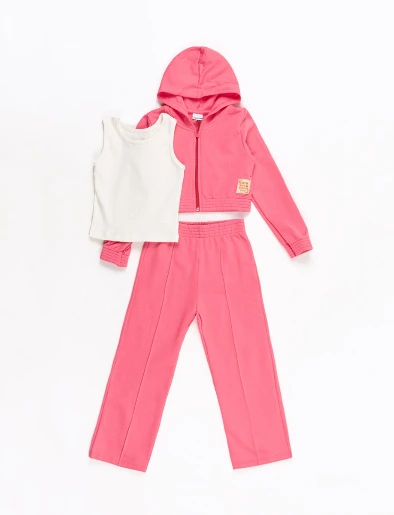 Calentador 3 Piezas Chompa con Capucha + Top Llano + Pantalón Rosa