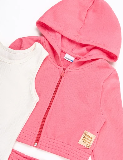 Calentador 3 Piezas Chompa con Capucha + Top Llano + Pantalón Rosa
