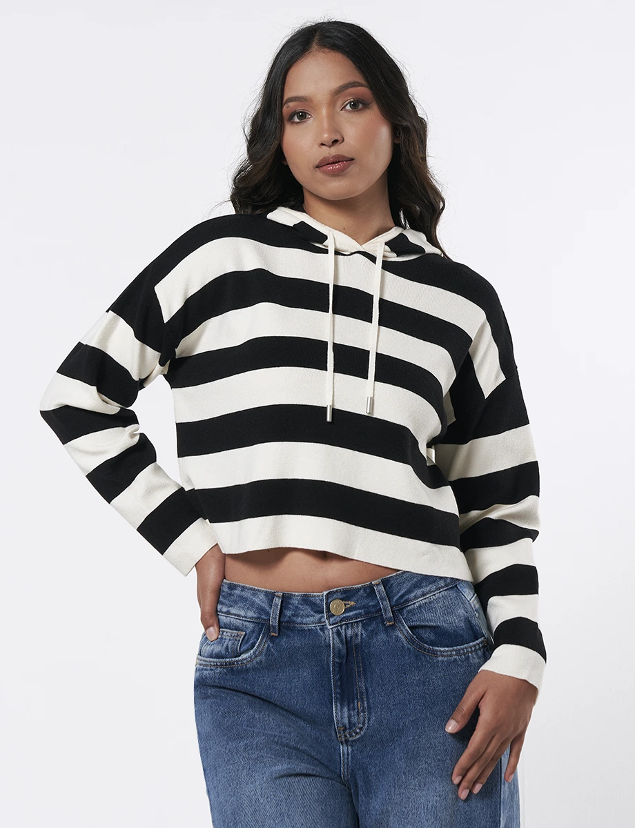 Sweater a Rayas con Capucha Negro/Blanco