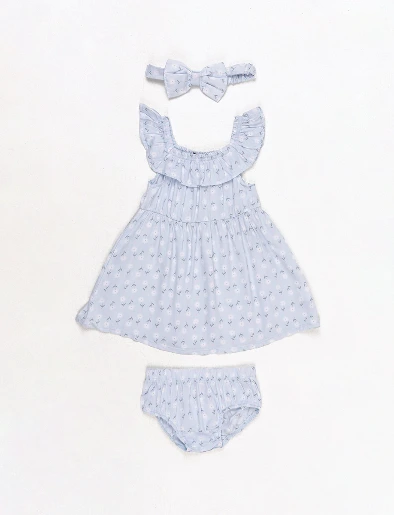 Conjunto Vestido + Panty + Cintillo Flores Celeste